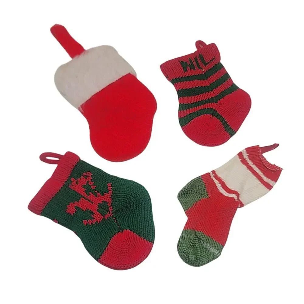 Vtg Lot Of 4 Miniature Christmas Stockings Knit And Other Ornaments 4